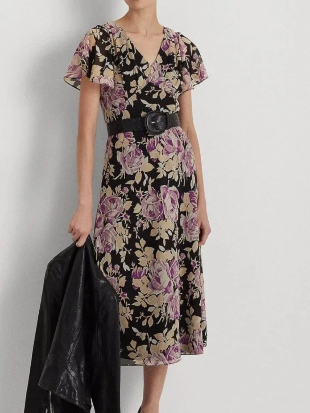 Lauren Ralph Lauren Floral Georgette Midi Dress Black Lavender Size 6 NWT